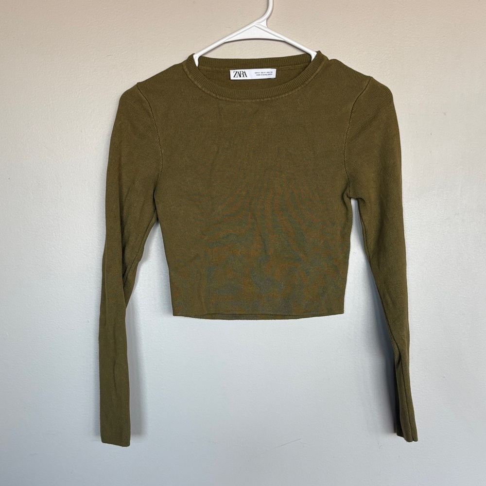 ZARA Olive Green Long Sleeve Cropped Knit Top Size M
